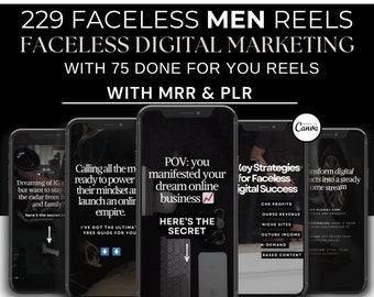 May include: Four smartphone screens with black backgrounds and white text. The text on the screens includes "Dreaming of IG", "Calling all the", "POV: you manifested", and "Key Strategies for Faceless".