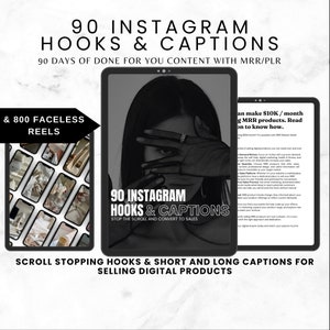90 Instagram Hooks & Captions, With 800 Faceless Videos, MRR, Digital Marketing, Faceless Marketing, DFY, 90 Days Of Content