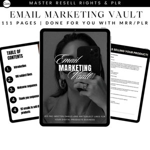 May include: A black and white image of a digital product cover for an email marketing course. The cover features a woman holding a phone with the text "Email Marketing Vault" on the screen. The text "103 Pre-written Emails and 100 Subject Lines for Your Digital Products Business" is also on the cover.