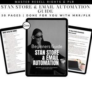 Puede incluir: Una guía digital titulada "Stan Store & Email Automation" con una foto en blanco y negro de una mujer con gafas de sol y un top negro. La guía es una guía para principiantes para maximizar las ventas y el compromiso con Stan Store. La guía tiene 50 páginas e incluye información sobre descargas digitales, transmisiones de correo electrónico y análisis de correo electrónico.