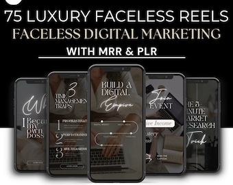 May include: A set of five black smartphone screens with white text. The screens show different tips for digital marketing, including "Build a Digital Empire", "Join Event", "The 5 Minute Market Research Trick", and "3 Time Management Traps".