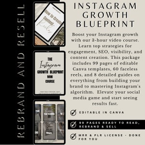 May include: A digital product mockup for an Instagram growth blueprint course. The image shows a tablet screen with a pink and white design. The text on the screen reads "The Instagram Growth Blueprint Mini Course". The text "Crafting Content That Captivates & Converts On" is also visible. The image also includes a checklist with the text "Editable in Canva", "99 Pages Ready to Read, Rebrand & Sell", and "MRR & PLR License - Done For You".
