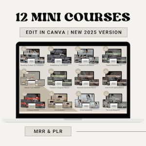 May include: A laptop screen displaying 12 mini courses, each with a title and a preview image. The courses are organized in a grid layout and include topics such as Instagram marketing, business basics, and email marketing. The text "12 MINI COURSES" and "EDIT IN CANVA | NEW 2025 VERSION" is displayed at the top of the screen. The text "MRR & PLR" is displayed at the bottom of the screen.