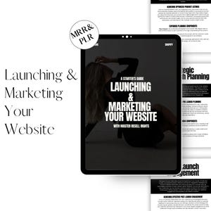 May include: A black and white digital tablet displaying a guide titled "A Starter's Guide to Launching & Marketing Your Website with Master Resell Rights". The guide is on a black background with white text. The tablet is on a white surface.