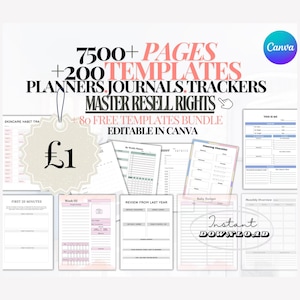 Op de afbeelding: Een digitale productbundel met meer dan 7.500 pagina's aan planners, dagboeken en trackers. De bundel bevat 200 sjablonen en 80 gratis sjablonen. Het product is bewerkbaar in Canva en bevat master-wederverkooprechten. De afbeelding toont een verscheidenheid aan sjablonen, waaronder een weekplanner, een schoonmaakchecklist, een babybudget en een maandelijks overzicht. De tekst "Direct downloaden" is ook zichtbaar op de afbeelding.