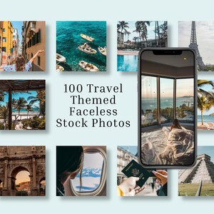 May include: A collage of 100 travel-themed stock photos featuring various destinations, including a beach with palm trees, a city street, a hotel room with a view, and an airplane window.