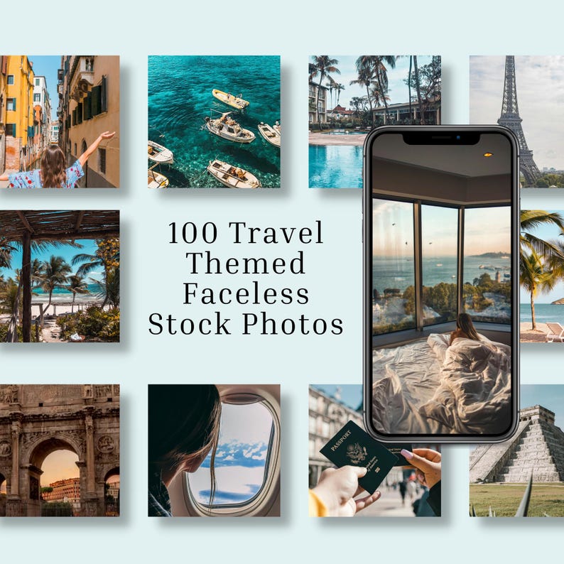 May include: A collage of 100 travel-themed stock photos featuring various destinations, including a beach with palm trees, a city street, a hotel room with a view, and an airplane window.