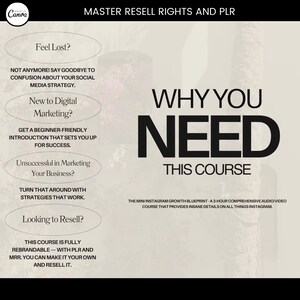 May include: A graphic with the text "Why You Need This Course" in large, bold, black letters. The text "Master Resell Rights and PLR" is at the top of the graphic. The graphic also includes the text "The Mini Instagram Growth Blueprint - A 3-hour comprehensive audio/video course that provides insane details on all things Instagram."