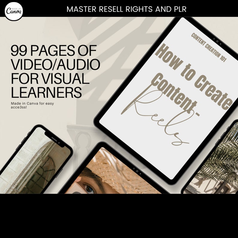 May include: A digital product cover with a brown background and the text "How to Create Content-Reels" in white. The text "CONTENT CREATION 101" is in smaller white text above the main text. The cover is on a tablet device.