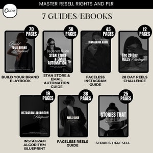 May include: A collection of seven digital guides and ebooks on building a brand, running a store, and using Instagram. The guides are titled "Build Your Brand Playbook", "Stan Store & Email Automation Guide", "Faceless Instagram Guide", "The 28 Day Reels Challenge", "Instagram Algorithm Blueprint", "Faceless Reels Guide", and "Stories That Sell".