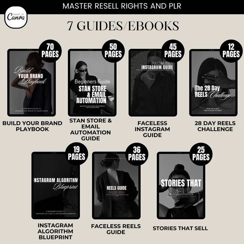May include: A collection of seven digital guides and ebooks on building a brand, running a store, and using Instagram. The guides are titled "Build Your Brand Playbook", "Stan Store & Email Automation Guide", "Faceless Instagram Guide", "The 28 Day Reels Challenge", "Instagram Algorithm Blueprint", "Faceless Reels Guide", and "Stories That Sell".