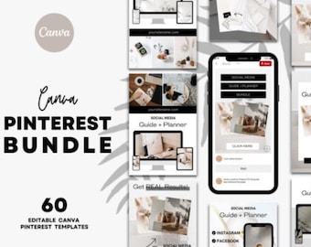 May include: A digital marketing bundle for Pinterest featuring 60 editable Canva templates. The bundle includes a social media guide and planner, with a focus on getting real results. The image features a phone screen displaying the bundle's features and a laptop screen showing a social media guide and planner.