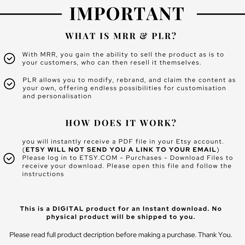 May include: A text-based image explaining the terms MRR and PLR, which are used in digital product sales. The image explains that MRR allows you to sell a product as is to your customers, who can then resell it themselves. PLR allows you to modify, rebrand, and claim the content as your own, offering endless possibilities for customization and personalization. The image also explains how to download the product after purchase.