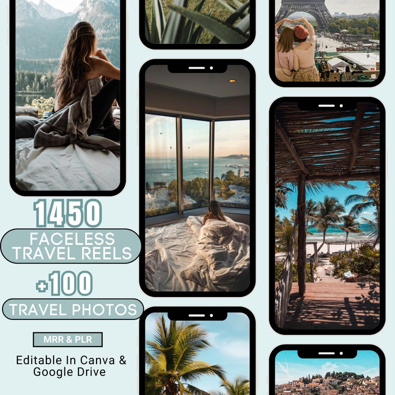 May include: A digital product bundle featuring 1450 faceless travel reels and 100 travel photos. The images are editable in Canva and Google Drive. The text "MRR & PLR" is also included.