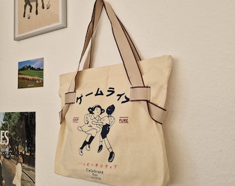 Bolso de mano japonés Bolso de mano de arte estético con bolsa de yute con cremallera