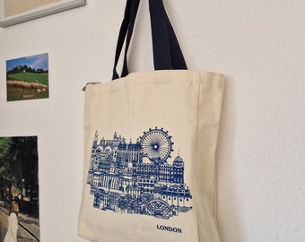 Canvas London Tote bag, ästhetischer Jutebeutel mit Reißverschluss und Innentasche