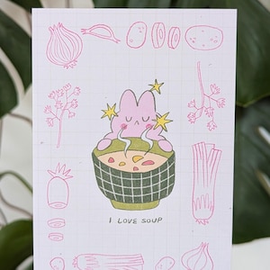 Impresión A6 "Me encanta la sopa": postal, amante de la sopa, ilustración de ingredientes, conejito tierno, temporada de sopas