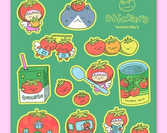 Hoja de pegatinas Tomato Bbys - A6, pegatinas de tomate, pegatinas de comida, pegatinas mate, pegatinas para diario, sopa de tomate