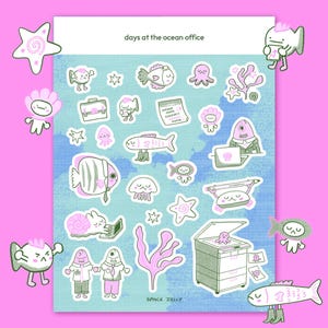May include: A sheet of stickers with a blue background and various sea creature illustrations, including fish, jellyfish, and starfish. The text "days at the ocean office" is at the top. The stickers are surrounded by additional sea creature illustrations.