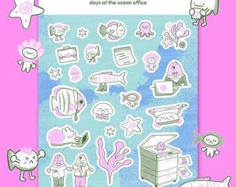 Foglio di adesivi Days At the Ocean Office - Adesivi a forma di pesce, adesivi subacquei, adesivi kawaii, adesivi carini, adesivi opachi, vita marina, gelatina