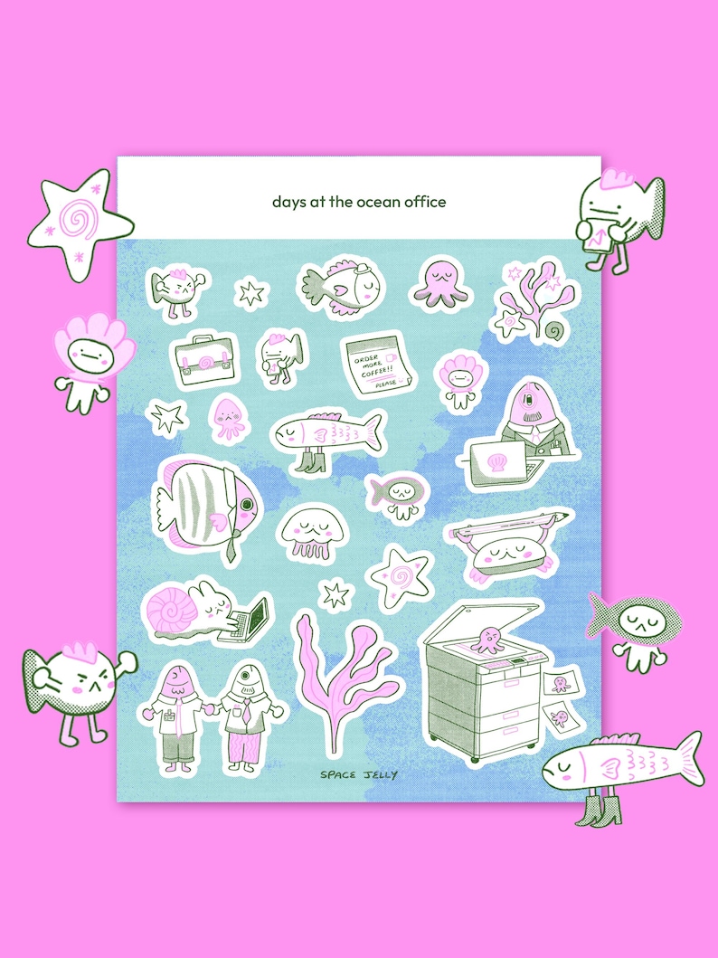 May include: A sheet of stickers with a blue background and various sea creature illustrations, including fish, jellyfish, and starfish. The text "days at the ocean office" is at the top. The stickers are surrounded by additional sea creature illustrations.