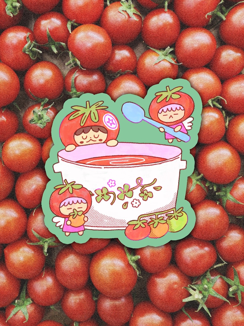Cute illustrated sticker of tomato fairies making a big, warming bowl of tomato soup!