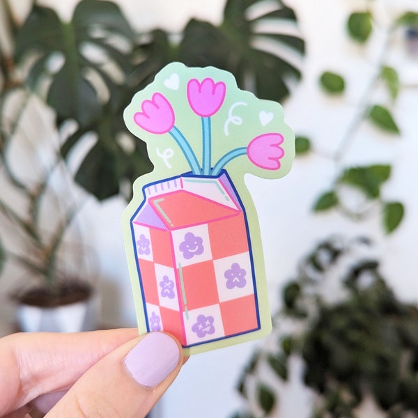 Milk Carton Tulips Sticker - Flower vase, Checkered sticker, Matte sticker, Laptop sticker, Cute art, Pink flowers, Pretty vase, Orange