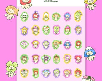 Hoja de pegatinas de Silly Little Guys - A6, pegatinas kawaii, pegatinas lindas, pegatinas mini, pegatinas mate, pegatinas de diario, personajes adorables