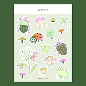 Garden Buds Sticker Sheet - A6, Bugs sticker sheet, Beetle sticker, Matte sticker, Mushroom stickers, Lucky clover stickers, Frog sticker