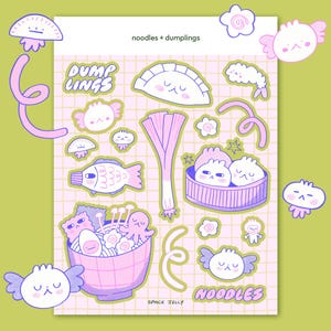 Puede incluir: Una hoja de pegatinas con ilustraciones de dibujos animados de fideos, empanadillas y alimentos relacionados. Las pegatinas son de color rosa, morado y blanco, con las palabras "noodles + dumplings" y "SPACE JELLY".