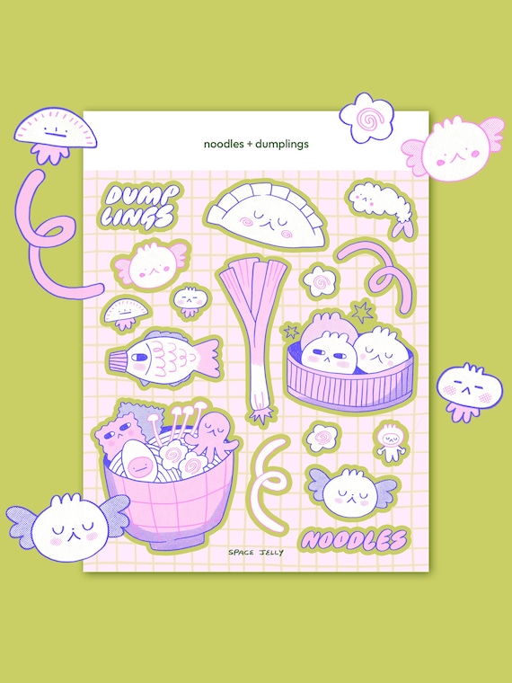 Noodles + Dumplings Sticker Sheet - A6, Kawaii stickers, Ramen sticker, Food stickers, Matte sticker, Journal stickers, Noodle stickers
