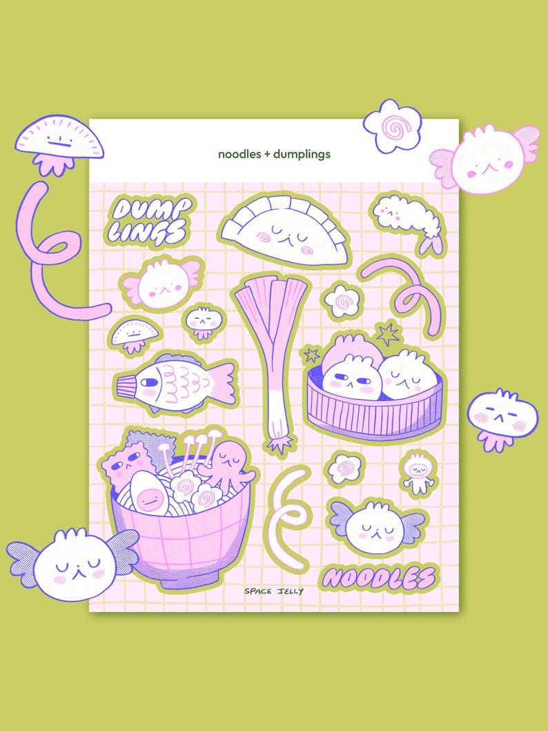 Puede incluir: Una hoja de pegatinas con ilustraciones de dibujos animados de fideos, empanadillas y alimentos relacionados. Las pegatinas son de color rosa, morado y blanco, con las palabras "noodles + dumplings" y "SPACE JELLY".