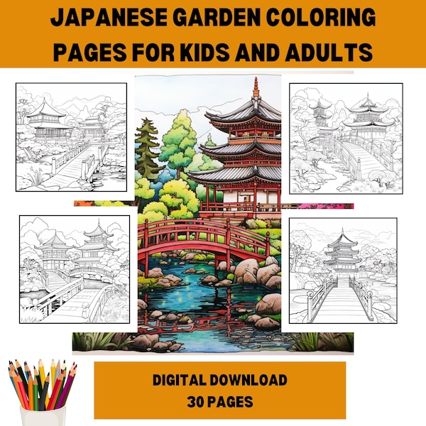 Beautiful and Zen Japanese Garden landscape Coloring Book -Serene Grayscale Coloring pages,Mindful coloring Illustrations,Relaxing Activity