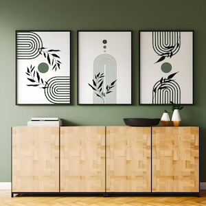Sage Green Boho Leaf Printable Wall Art Set of 3, Botanical Prints in Earth Tones, Minimalist Plant Artwork for Bedroom or Living Room