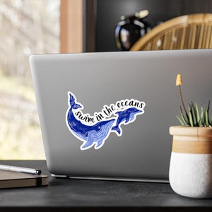 Ocean Wildlife sticker, Swim with Dolphin and Whale, Under the Sea Sticker, Marine Animal Laptop Decal, Ocean Lover Gift, Sea