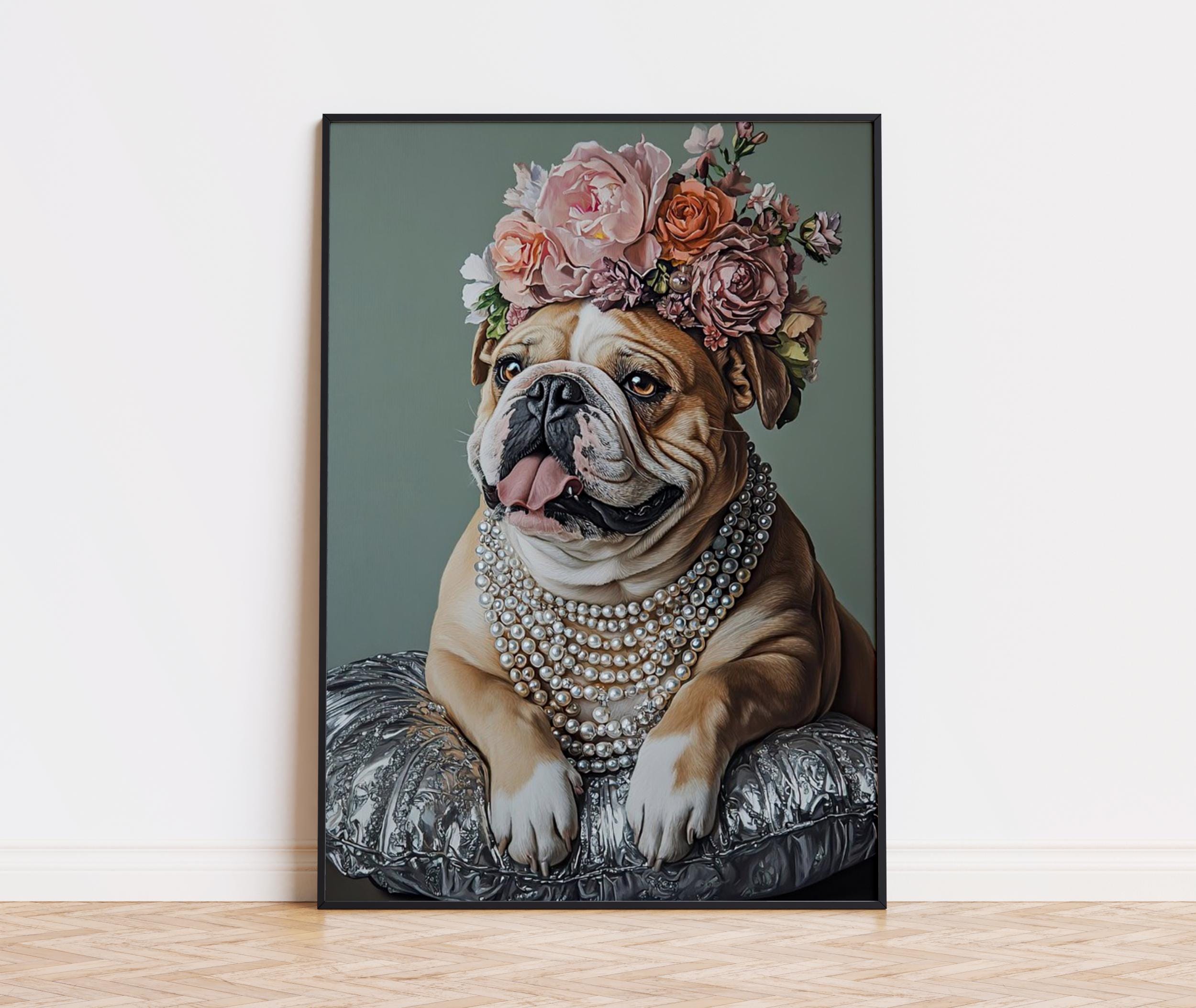 Poster Bulldog, Stampa artistica Bulldog, Bulldog inglese con copricapo, Bulldog d'arte da parete, Regalo per gli amanti dei cani