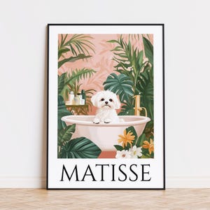 Poster in stile maltese Matisse, maltese in vasca da bagno, divertente arredamento da bagno, arredamento dopamina, poster di Matisse, amante dei cani