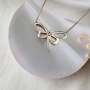 14K Solid Gold Dragonfly Pendant Necklace: Handmade Charm