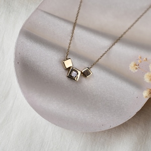14K Gold Cube Necklace: Geometric Solitaire Pendant