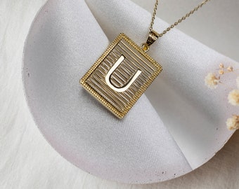 Encanto de letra de oro real de 14K, collar inicial de oro sólido, colgante de letra cuadrada, letra en líneas, collar hecho a mano personalizado, diseño moderno