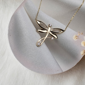 14K Gold Dragonfly Pendant Necklace: Handmade Charm Jewelry