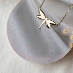 14K Solid Gold Dragonfly Pendant Necklace: Handmade Charm