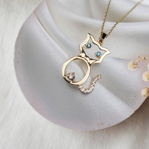 14K Gold Cat Pendant, Gold Cat Charm, Handmade Custom Necklace, Cat Necklace, Gift for Her, Valentine&#39;s Day, Human Friendly