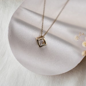 14K Gold Cube Necklace: Geometric Solitaire Pendant