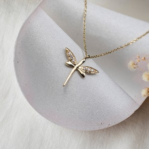14K Gold Dragonfly Pendant Necklace: Diamond Wing Charm