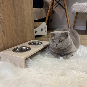 Beige Cat Feeding Bowl Stand, Custom Gift for Cat Lover, Personalized Raised Feeder for Cats, Modern Elevated Cat Bowls