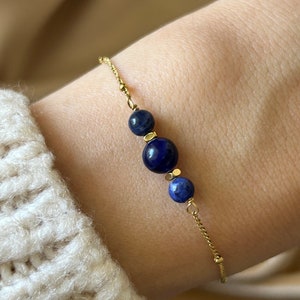 Natuursteen armband, vergulde roestvrijstalen ketting, edelsteen aventurijn, lapis lazuli, tijgeroog, rozenkwarts, minimalistische armband Lapis lazuli