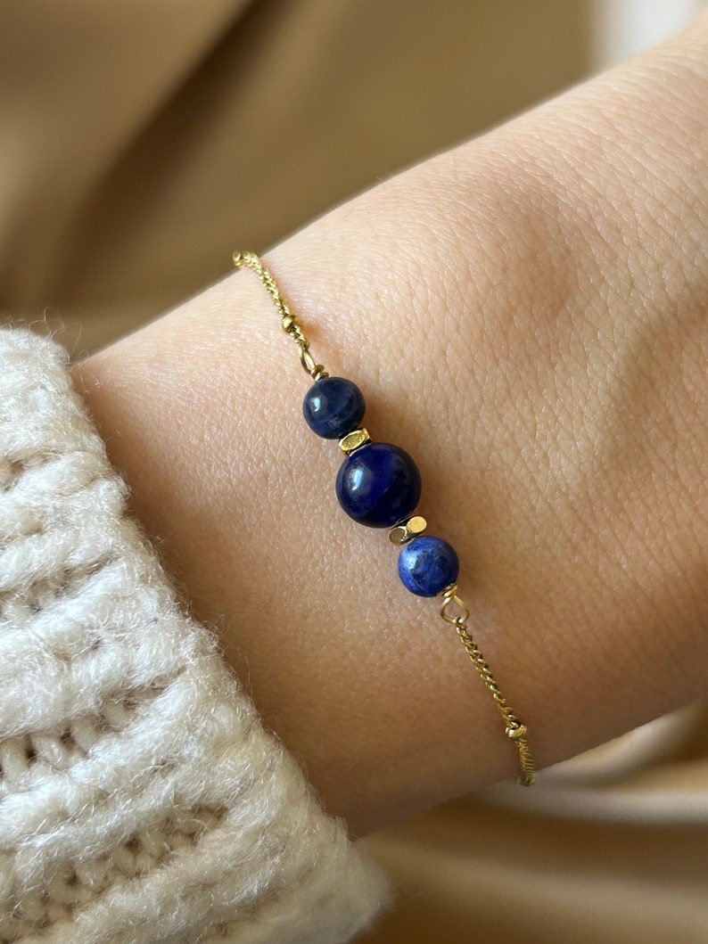 Natuursteen armband, vergulde roestvrijstalen ketting, edelsteen aventurijn, lapis lazuli, tijgeroog, rozenkwarts, minimalistische armband Lapis lazuli