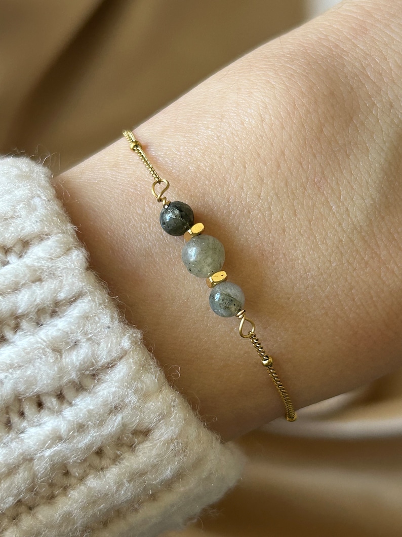 Pulsera de piedras naturales, cadena de acero inoxidable bañada en oro, piedra preciosa amatista, ágata espuma verde, terahercios, regalo del día de la madre imagen 3