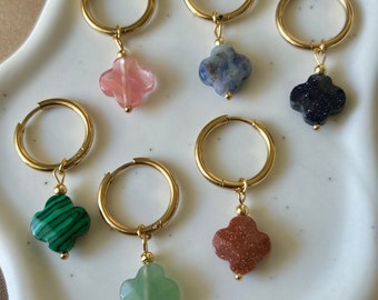 Pendientes trébol de piedras preciosas bañados en oro, pendientes aros trébol de cuatro hojas, joyas de acero inoxidable, pendientes amuleto de la suerte, regalo del día de la madre